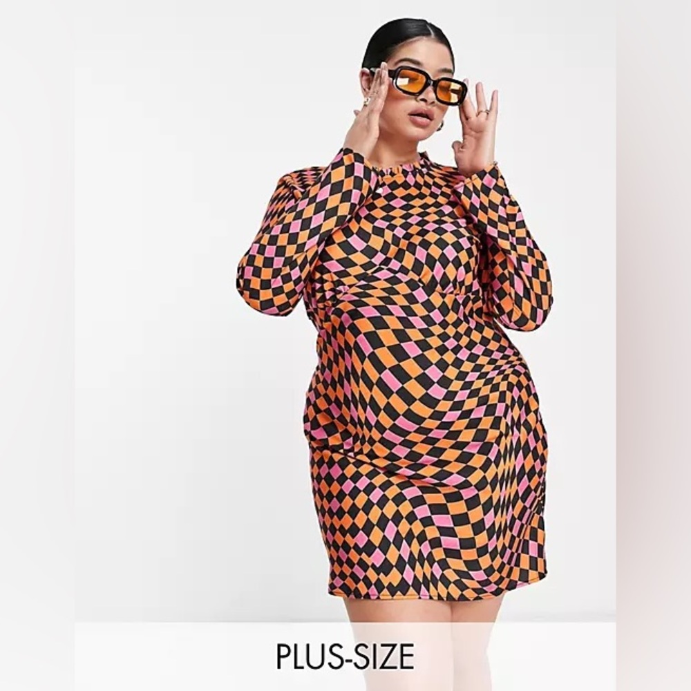Never Fully Dressed Warped Checkerboard Dress in Orange and Pink